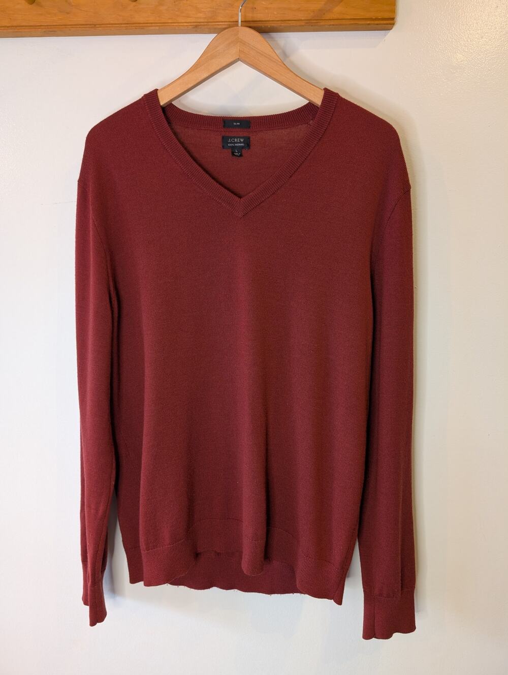 J.Crew 100% Merino Wool V-Neck Sweater Burgundy Slim Fit Mens Size L